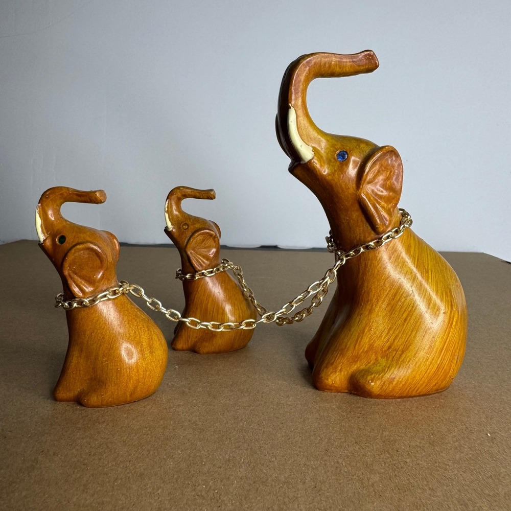 Vintage Set of 3 Wooden Elephants with Gold Chain‎ Accents Lucky Charm Decor